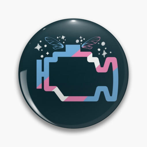 a pin-back button with the transmission folklore logo on it