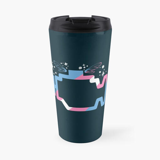a dark blue travel mug with the Transmission Folklore logo